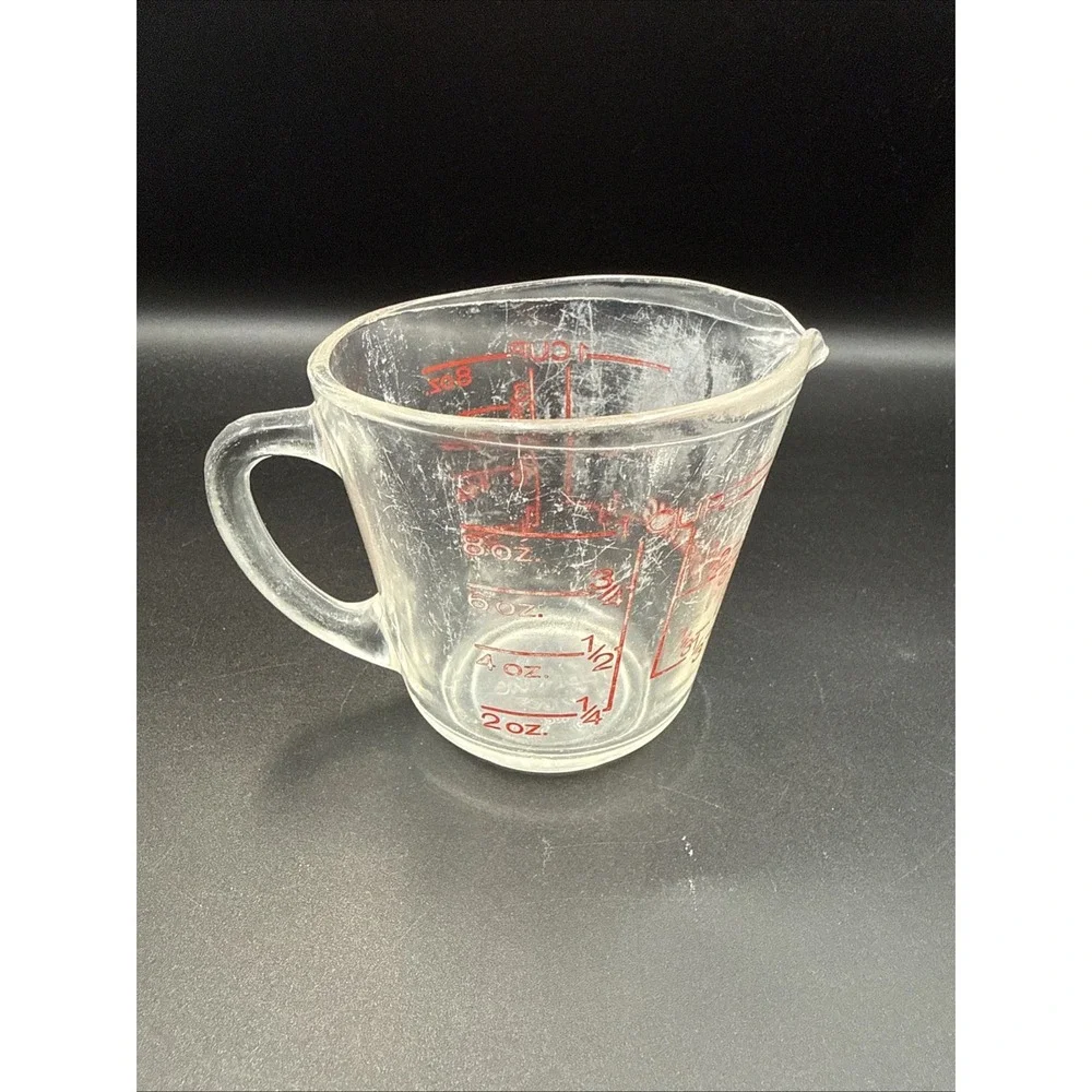 Vintage Fire King 1 Cup Measuring Cup #496 Red Letter Cloudy Glass Scratches